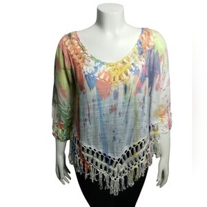 Femme Fatale Italy Crochet Fringe Rainbow Paint Splatter Boho Fairy M Top Whimsi